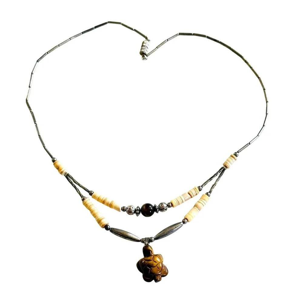 Vtg NAVAJO Turtle heishi Necklace‎ tiger's eye Zuni Native American silver 20